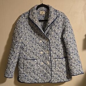 Tuckernuck Celia Car Coat in White and Blue Floral Quilted Double-Breasted